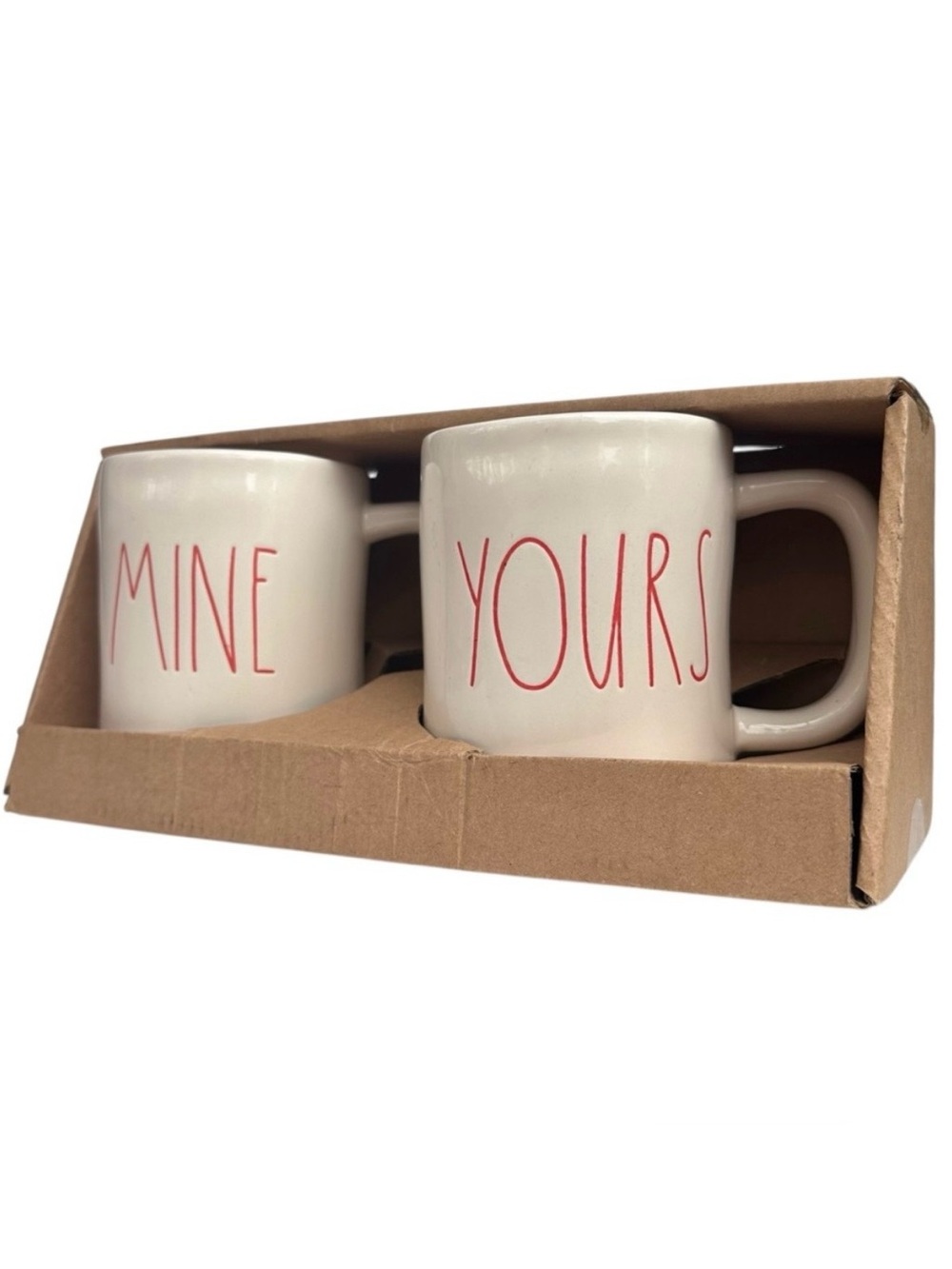 Rae Dunn MINE YOURS Mug Set Ceramic Coffee Tea Red Large Letters NWT NIB OG 2017